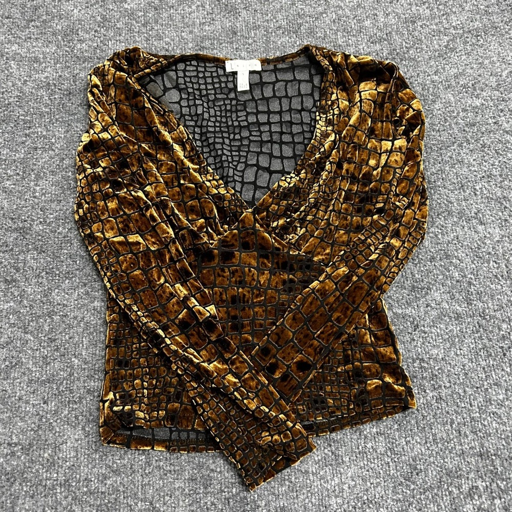 Leith Blouse Womens Size S Brown Velvet Burnout Crocodile Print Surplice V-Neck